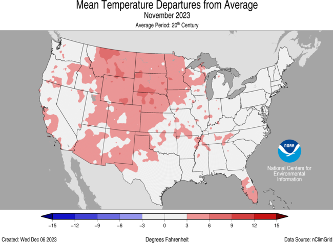 Map of the U.S. showing temperature departure from average for November 2023 with warmer areas in gradients of red and cooler areas in gradients of blue.