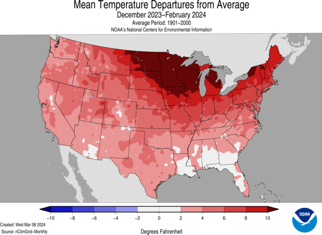 Map of the U.S. showing temperature departure from average for December 2023 through February 2024 with warmer areas in gradients of red and cooler areas in gradients of blue.