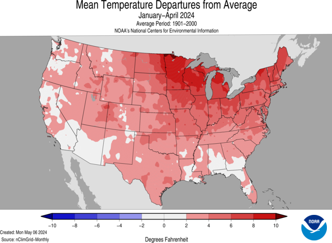 Map of the United States depicting Mean Temperature Departures from Average for January-April 2024.