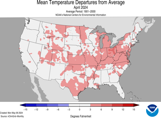 Map of the United States depicting Mean Temperature Departures from Average for April 2024.