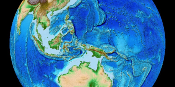 Globe showing most of Asia and Australia and the contours of the surfaces above and below the sea, derived from the ETOPO model from NOAA NCEI.