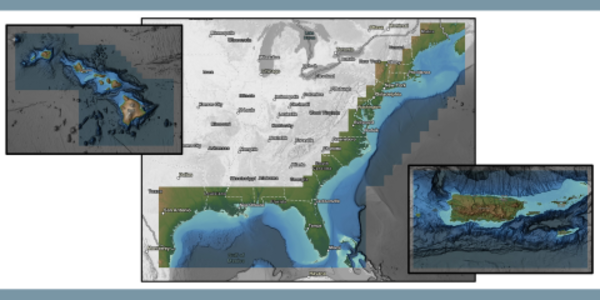 Coverage of NCEI's updated Coastal Relief Models (1 arc-second cell size or approx. 30 m) encompasses the U.S. Eastern Seaboard, Gulf of Mexico, Puerto Rico/U.S. Virgin Islands, and Hawaii.