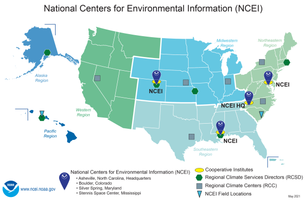 Map of NCEI locations, Regional Climate Services Directors and Climate Centers