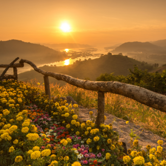 Yellow and pink flowers along wooden gate in forefront, with sun setting over water with mountains in background.