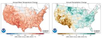 Maps of U.S. temperature (left) and precipitation (right) annual average changes from 1981-2010 climate normals to 1991-2020 climate normals