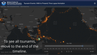 Moving image show that the size of the icons relates to the number of deaths of each Tsunami.