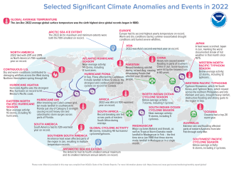 Map of world showing locations of significant climate anomalies and events in 2022 with text describing each event.