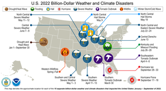 Map of the U.S. showing icons of locations that have experienced billion dollar disasters so far in 2022.