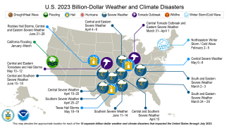 Map of the United States 2023 Billion-Dollar Weather and Climate Disasters, with 15 events shown on the map.