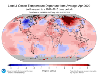 April 2020 Global Land and Ocean Temperature Departures from Average Map