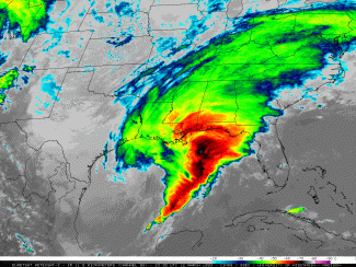 Meteosat infrared satellite imagery late on March 12, 1993 showing explosive development of the storm system over the Gulf of Mexico.