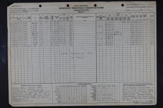 ALT TEXT: Paper Naval surface weather observations log from the USS Ticonderoga from 1945.