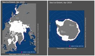 Maps of Arctic and Antarctic sea ice extent in April 2019