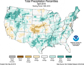 Map of April 2019 U.S. total precipitation percentiles