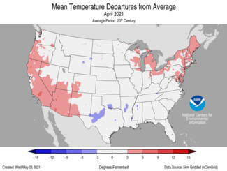 April 2021 US Mean Temperature Departures from Average Map
