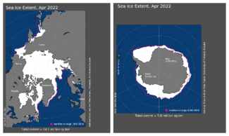 Maps of Arctic and Antarctic sea ice extent for April 2022