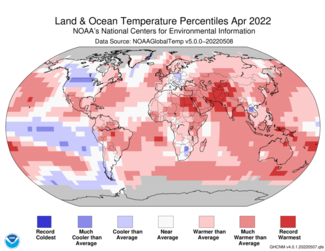 Global land and ocean temperature percentiles on a color-coded world map for April 2022