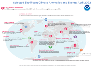 Map of world showing locations of significant climate anomalies and events in April 2022 with text describing each event