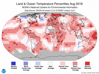 Map of global temperature percentiles for August 2018