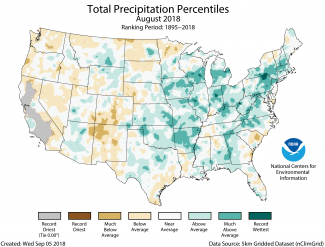 Map of August 2018 U.S. total precipitation percentiles