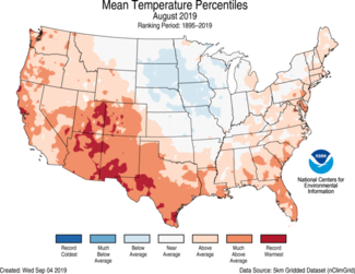 Map of August 2019 U.S. average temperature percentiles