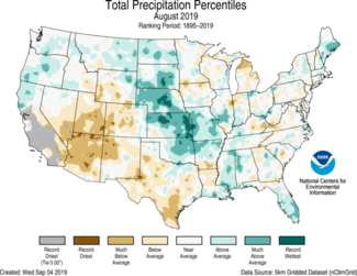 Map of August 2019 U.S. total precipitation percentiles