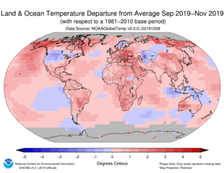 January to November 2019 Global Temperature Departures from Average Map