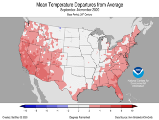 Autumn 2020 US Mean Temperature Departures from Average Map