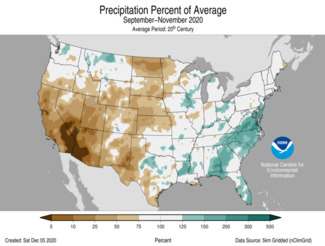 Autumn 2020 US Precipitation Percent of Average Map