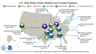 U.S. 2023 Billion-Dollar Weather and Climate Disasters map Alt text: Map of the United States 2023 Billion-Dollar Weather and Climate Disasters, with 12 events shown on the map.