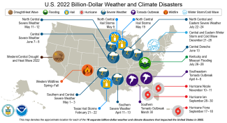 U.S. map showing locations of all 18 billion dollar disasters that struck the U.S. in 2022 with text describing each event