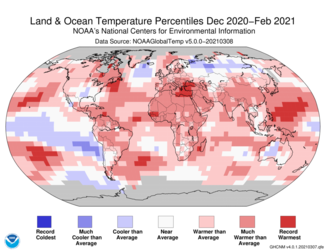 December-to-February 2021 Global Temperature Percentiles Map