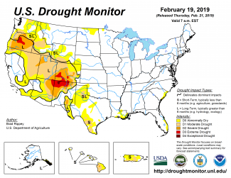 Map of February 19, 2019, U.S. Drought Monitor