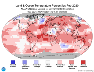 Map of global temperature percentiles for February 2020 