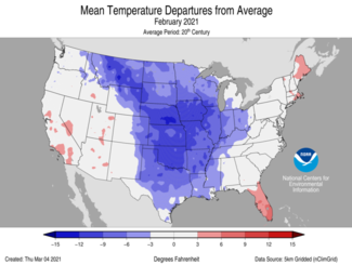 February 2021 US Mean Temperature Departures from Average Map