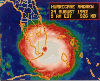 RGB Satellite image of Hurricane Andrew making landfall near Miami, FL on August 24, 1992 with minimum central pressure estimated at 926mb. It would later be lowered to 922mb after further analysis of the storm.