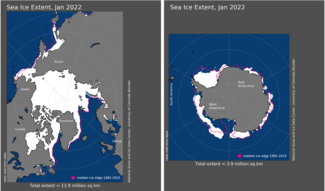 Maps of Arctic and Antarctic sea ice extent in January 2022