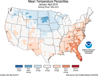 Map of January-April 2019 U.S. average temperature percentiles