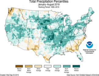 Map of January-to-August 2019 U.S. total precipitation percentiles