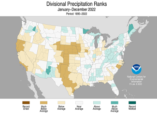 Map of the U.S. showing divisional precipitation ranks for 2022 in shades of green (wetter) and brown (drier).