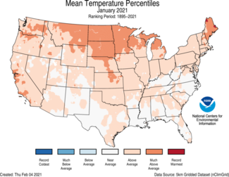 January 2021 U.S. Mean Temperature Percentiles Map