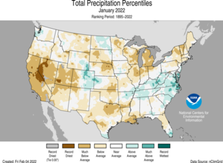 U.S. map of total precipitation percentiles for January 2022