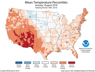 Map of January to August 2018 U.S. average temperature percentiles