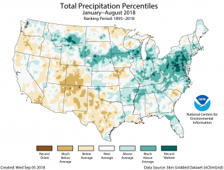 Map of January to August 2018 U.S. total precipitation percentiles