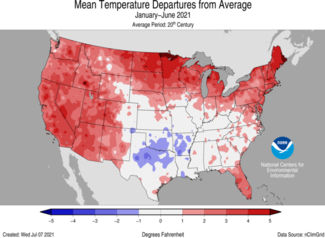 January-June 2021 US Mean Temperature Departures from Average