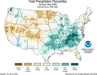 January-to-May 2020 US Total Precipitation Percentiles Map