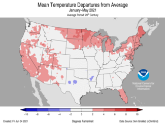 Map of January-May 2021 U.S. average temperature departures from average