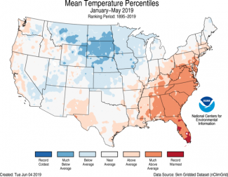 Map of January to May 2019 U.S. average temperature percentiles