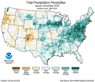 Map of January to November 2018 U.S. total precipitation percentiles