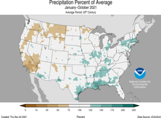 Map of U.S. precipitation percent of average for January-October 2021